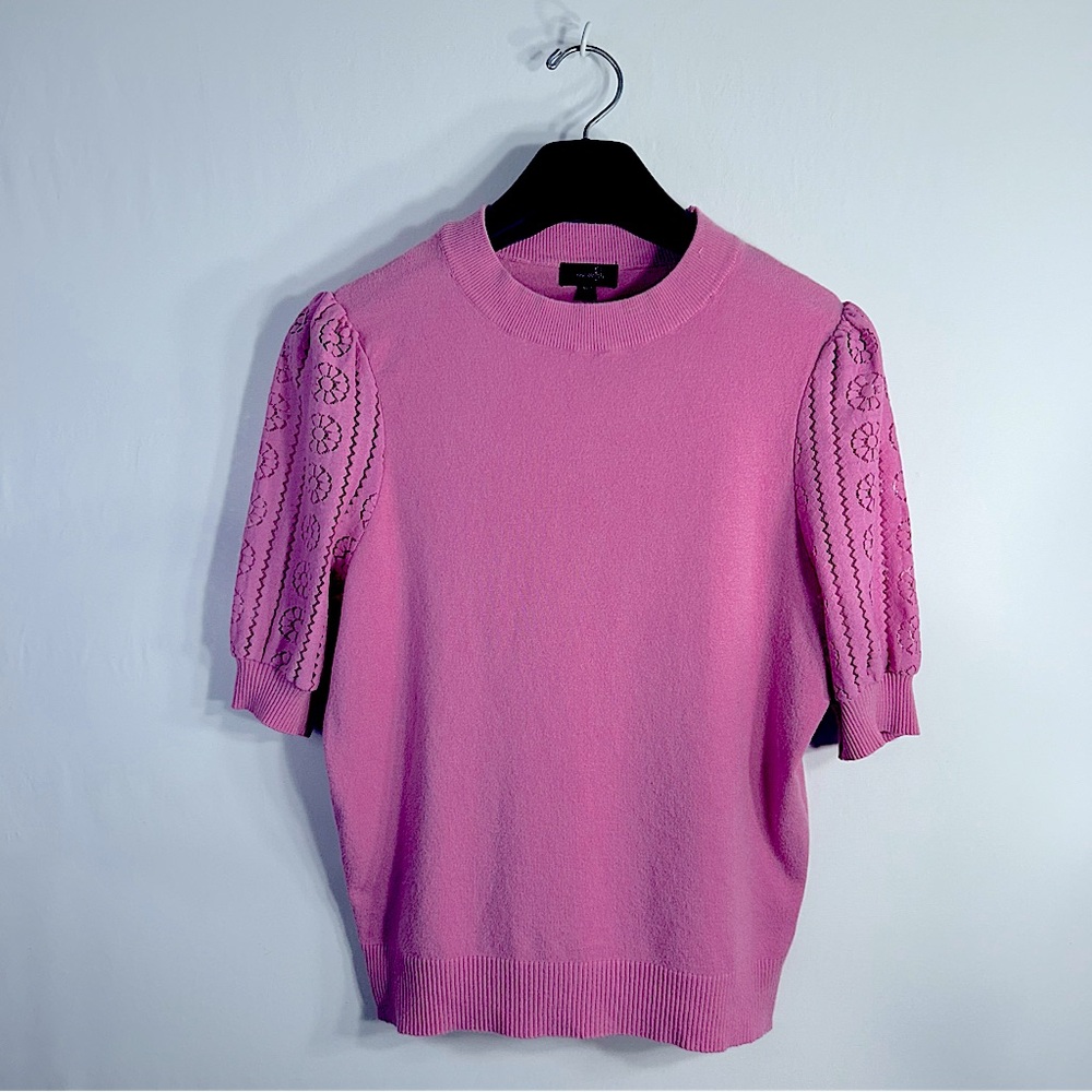 ontwelfth Floral Lace Puff Sleeve Ribbed Knit Short Sleeve Cotton Sweater Sz L